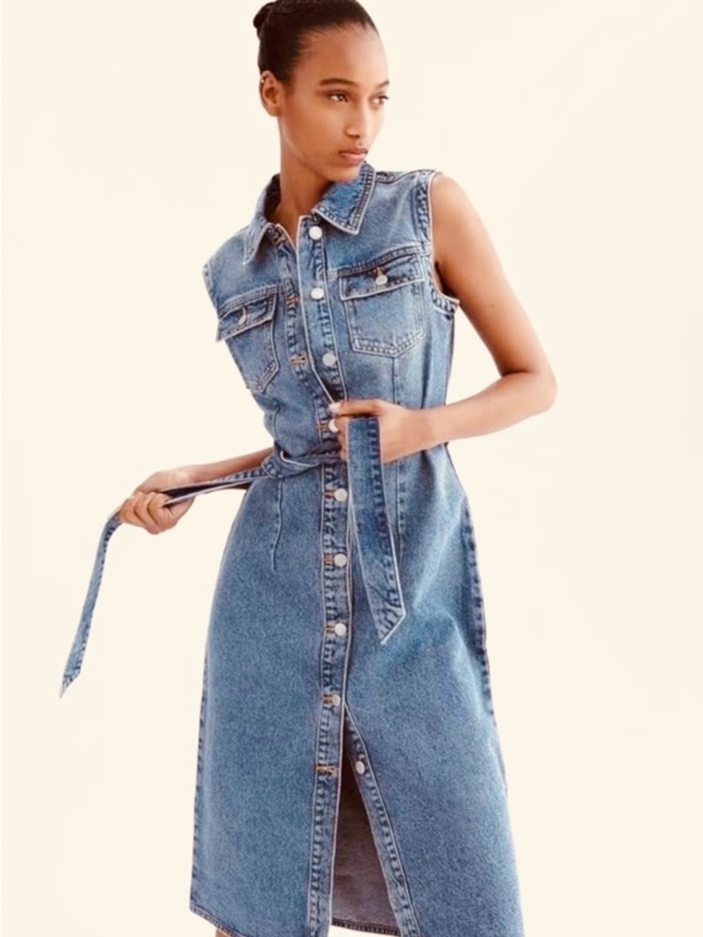 ZW ZARA SLEEVELESS DENIM MIDI DRESS BELTED 100% COTTON